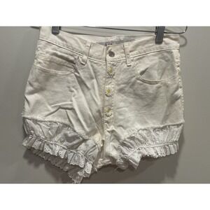 Vtg JouJou Denim Shorts Womens 11/12 White Lace trim grunge high rise boho jean